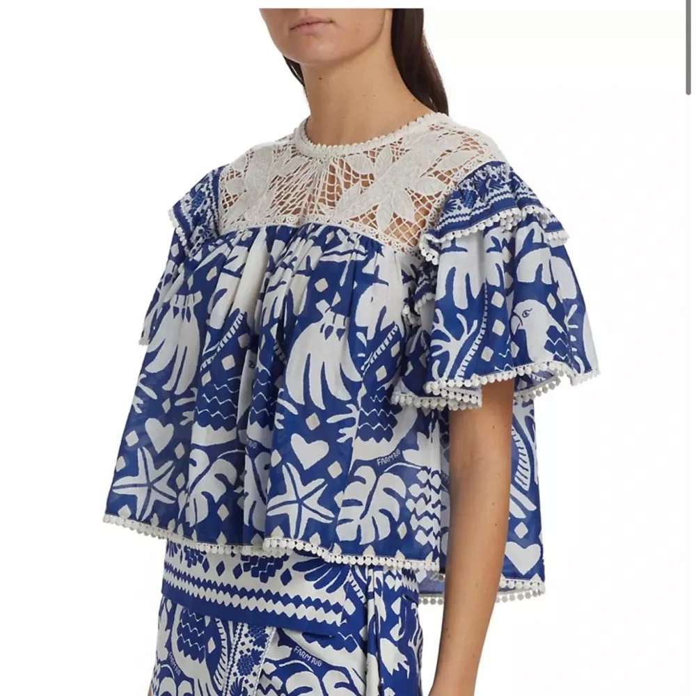 FARM RIO Navy Blue Jungle Scarf Lace Ruffle Sleeve Blouse - Picture 6 of 16